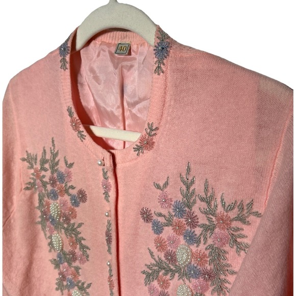 VTG 50's Floral Beaded Cardigan Sweater Pink Faux Pearl UK Sz 40 (10-12 US) EUC - Picture 2 of 12
